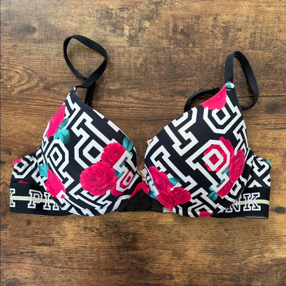 PINK Victoria's Secret Black Bra with Pink Floral & White Logo Print